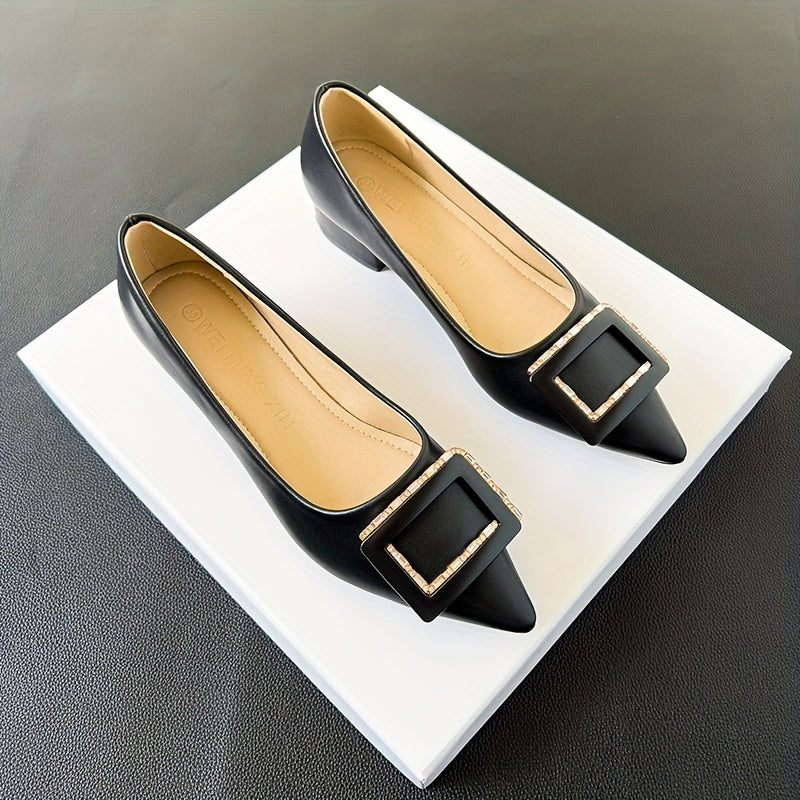 Women's Metallic Buckle Decor Slip-On Shallow Mouth Chunky Heel Shoes