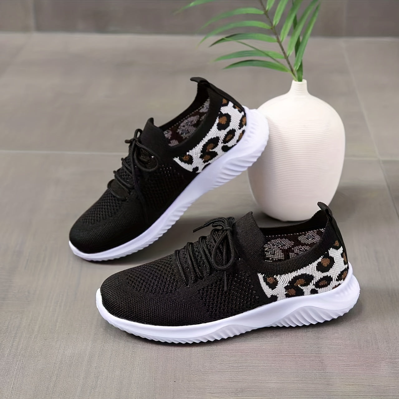 Leopard Print Casual Sneakers Low Lace Up Flatform Shoes