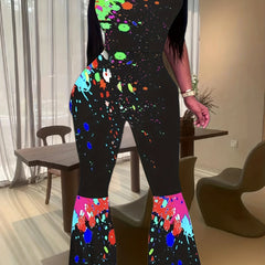 Sexy Tank Jumpsuit Women's Plus Splash Print Mock Neck Flared Leg