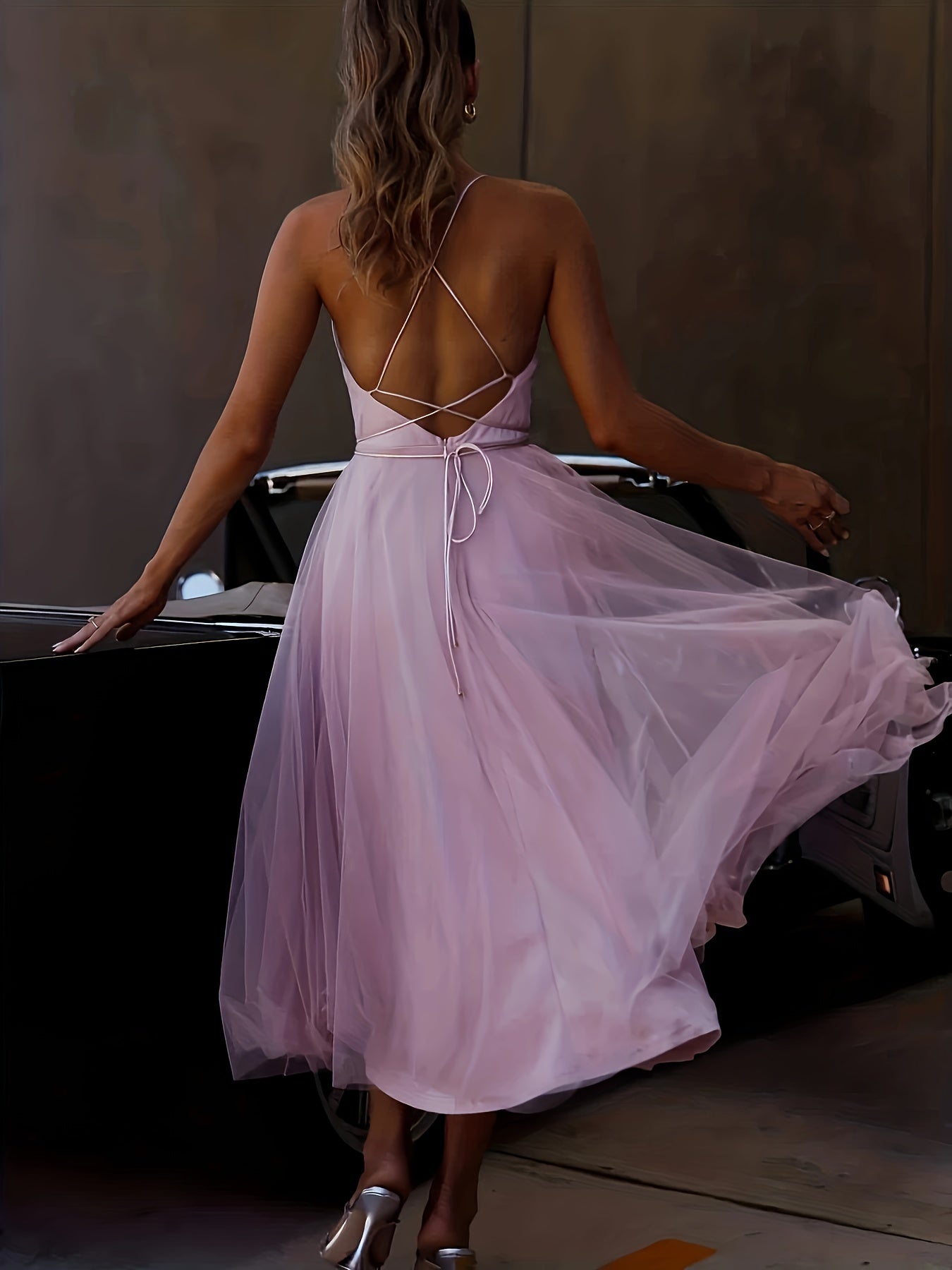 Mesh Lace-Up Backless Maxi Bridesmaid Dress