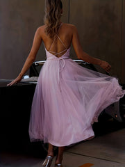 Mesh Lace-Up Backless Maxi Bridesmaid Dress