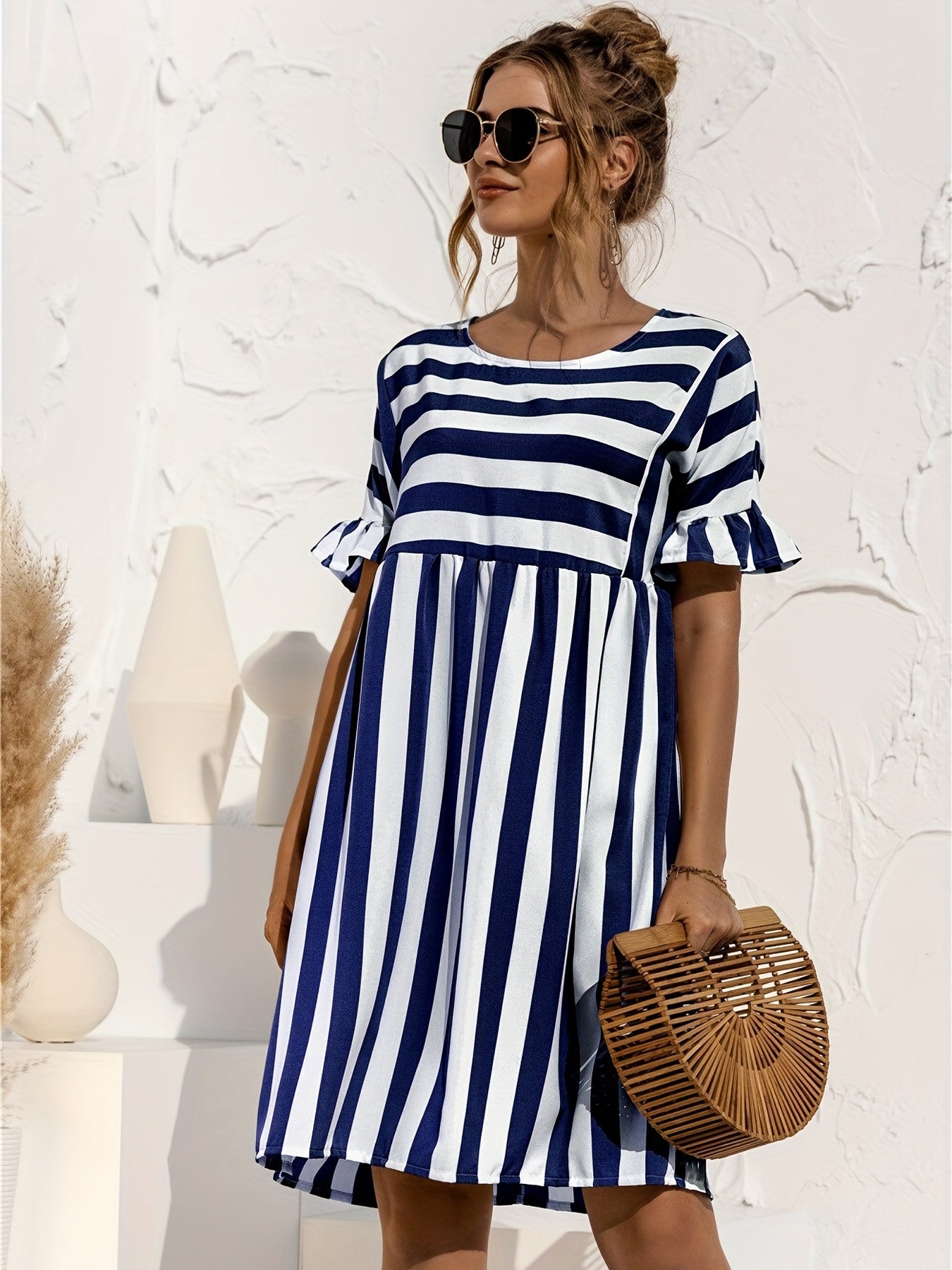 Nautical Stripe Ruffle Trim Dress