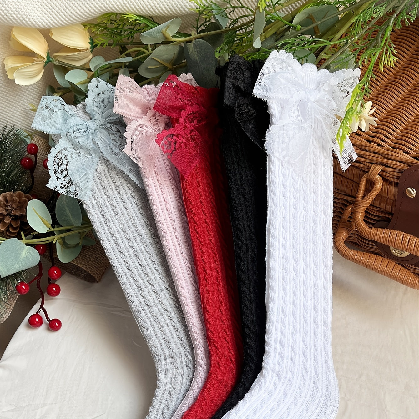 5 Pairs Girls Lace Bow Knit High Socks for Autumn/Spring