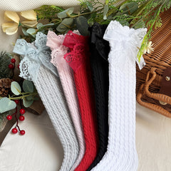 5 Pairs Girls Lace Bow Knit High Socks for Autumn/Spring