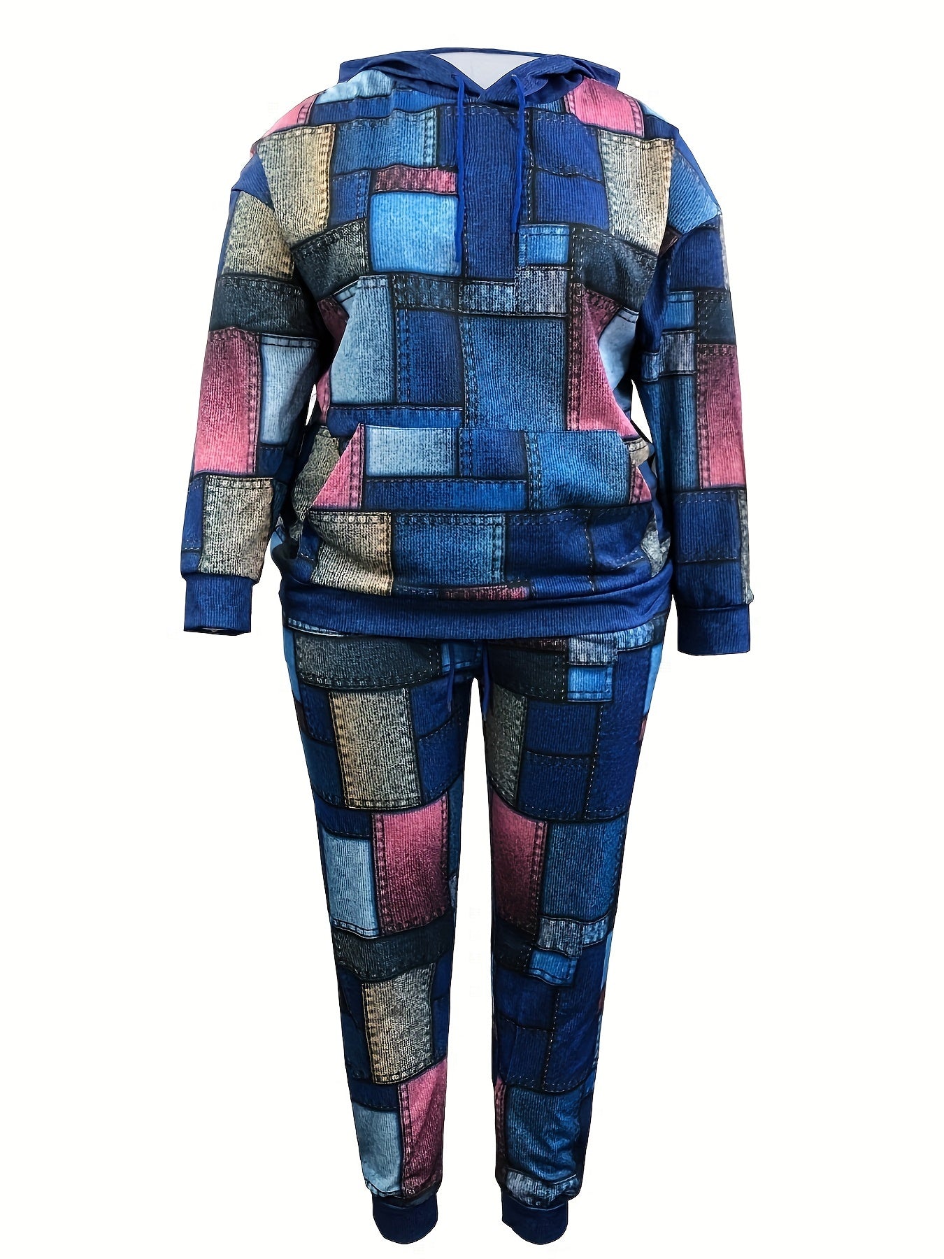 Women's Plus Patchwork Hoodie & Pants Set Two Piece Outfit