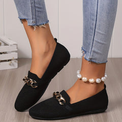 Women's Knitted Flat Loafers with Chain Decor Soft Sole Slip On Shoes