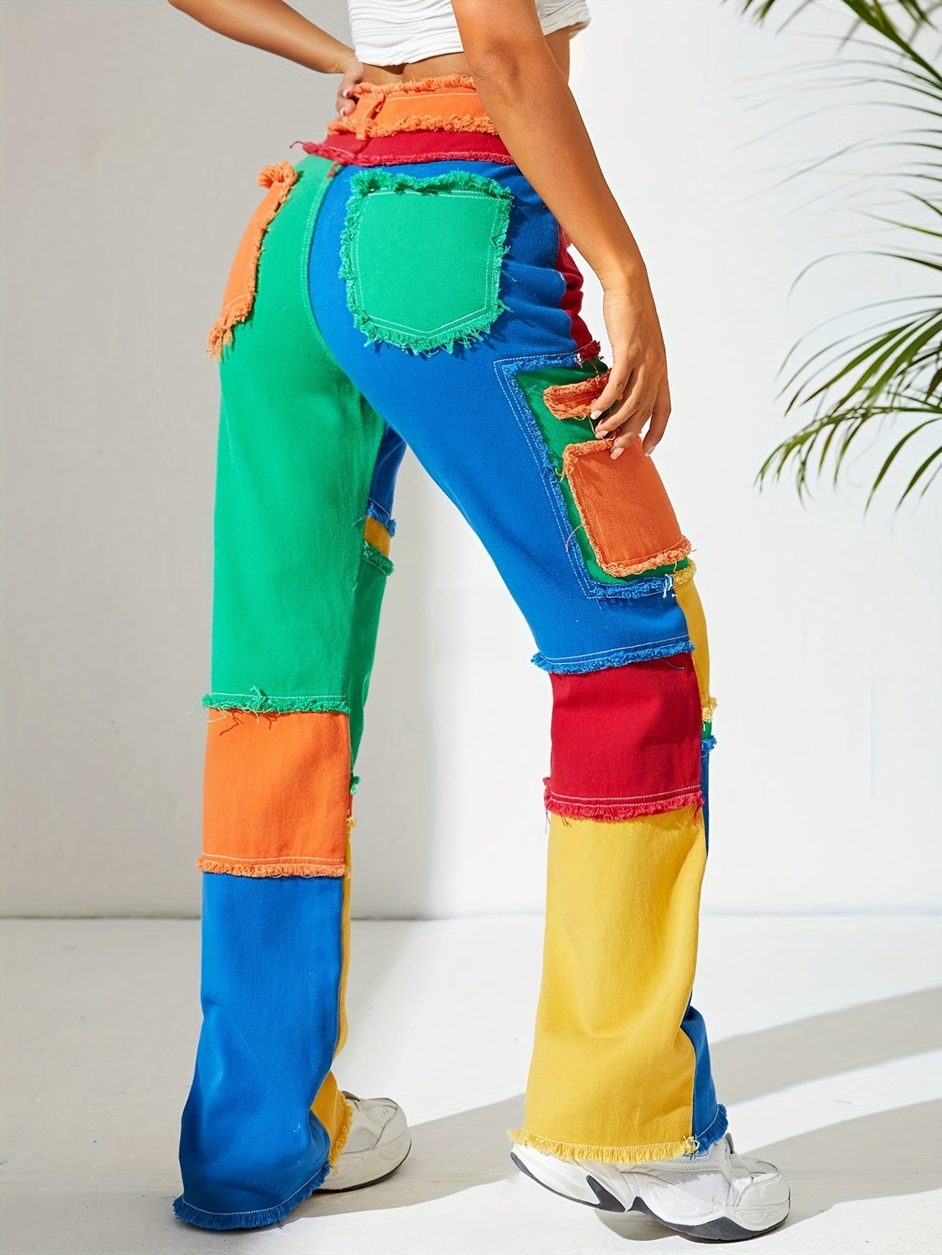 High Waist Colorblock Straight Jeans for Women