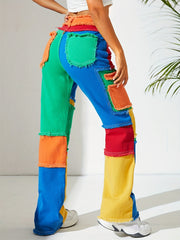 High Waist Colorblock Straight Jeans for Women