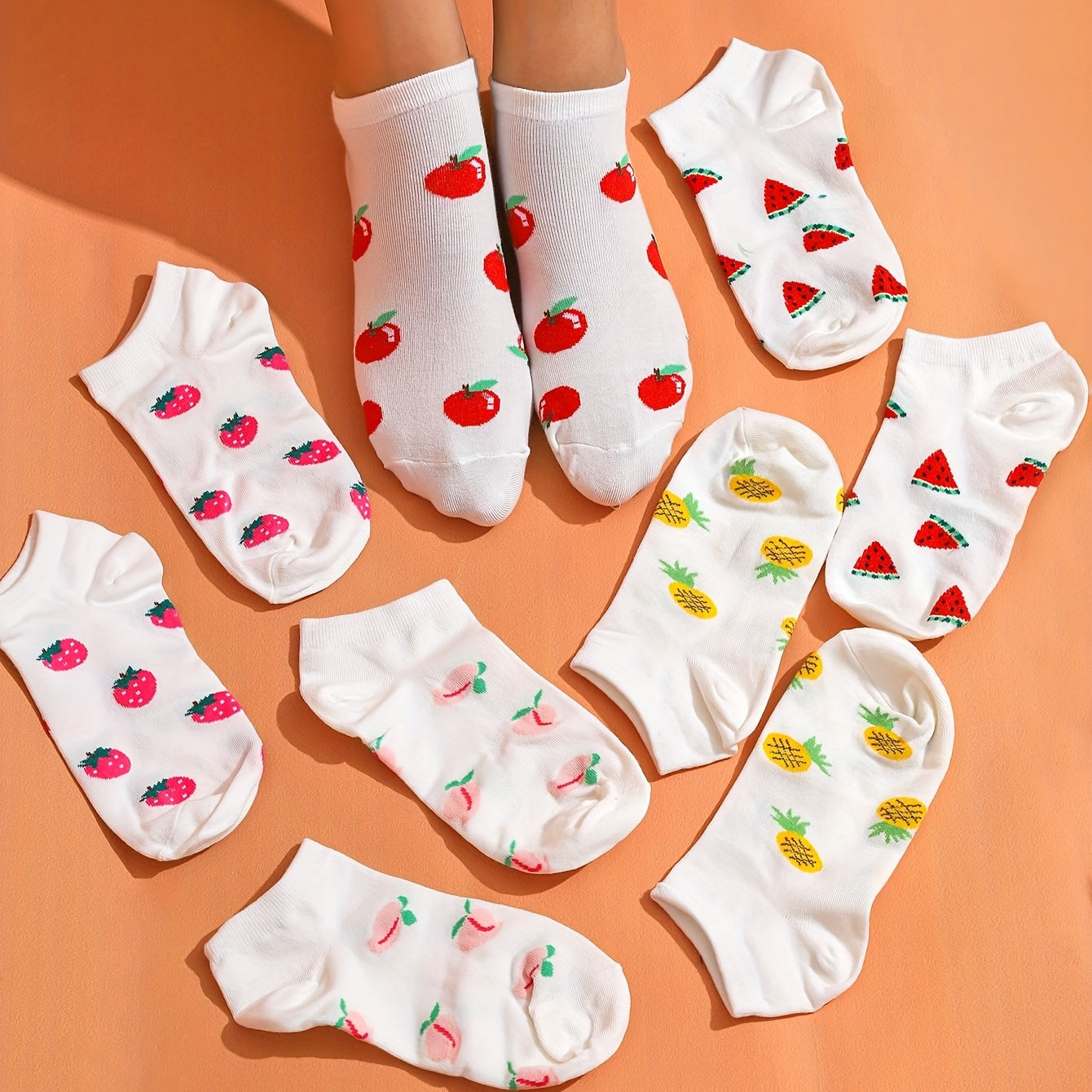 5 Pairs Cartoon Fruit Print Socks & Lightweight Ankle Socks
