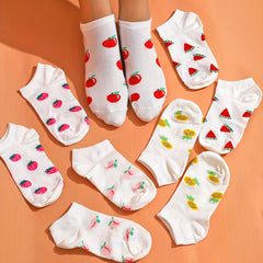 5 Pairs Cartoon Fruit Print Socks & Lightweight Ankle Socks