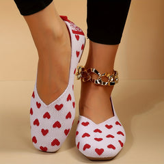 Women's Heart Pattern Flats Square Toe Knitted Slip On Shoes