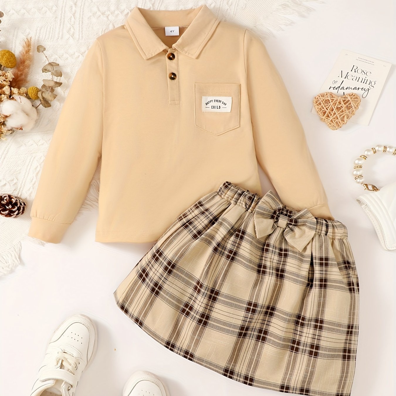Girl's Preppy Style Polo Shirt & Plaid Skirt Set for Spring Autumn