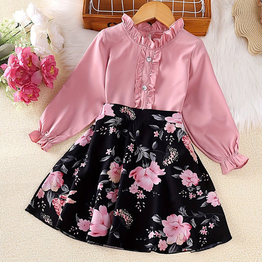 Girl's 2pcs Ruffled Shirt & Floral Skirt Set for Kids