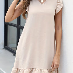 Ruffle Trim Solid Dress Casual V Neck Mini Dress Women's Clothing