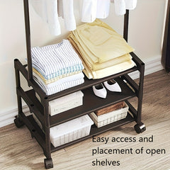 Metal Clothes Rack With 2 Layer Storage Shelf & Wheels Easy Assembly