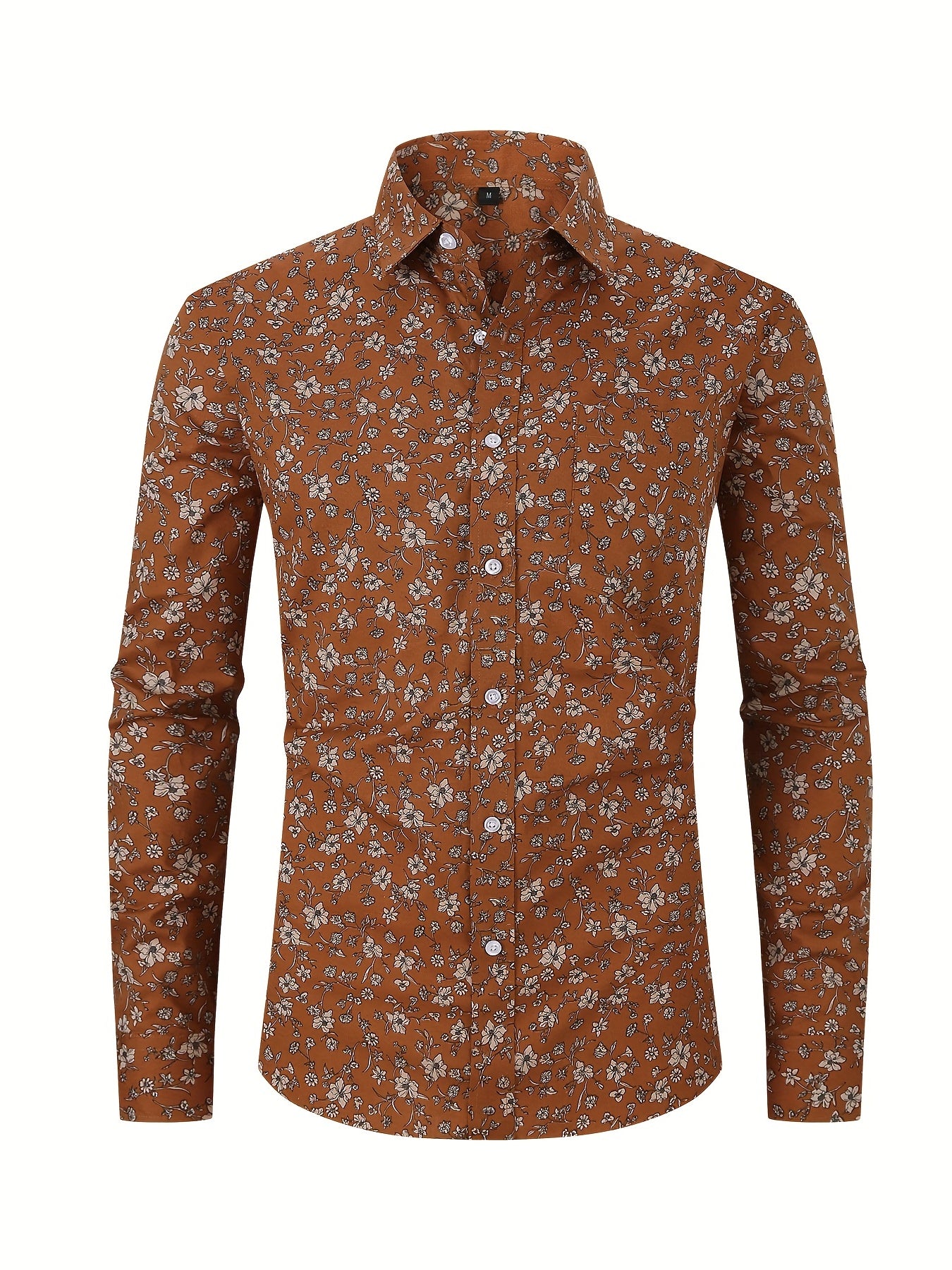 Men's Flower Print Formal Button Up Shirt with Chest Pocket