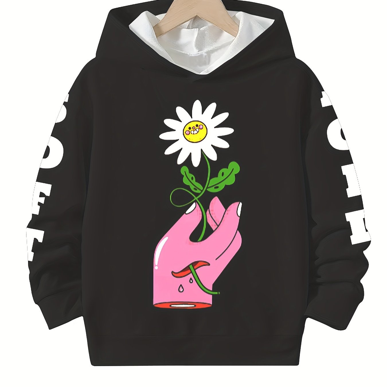 Flower & Hand Graphic Hoodie Girls Comfy Hooded Pullover