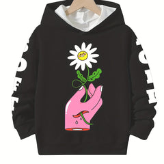 Flower & Hand Graphic Hoodie Girls Comfy Hooded Pullover