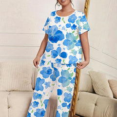 Floral Print Plus Size Pajama Set - Short Sleeve Round Neck T shirt & Pants