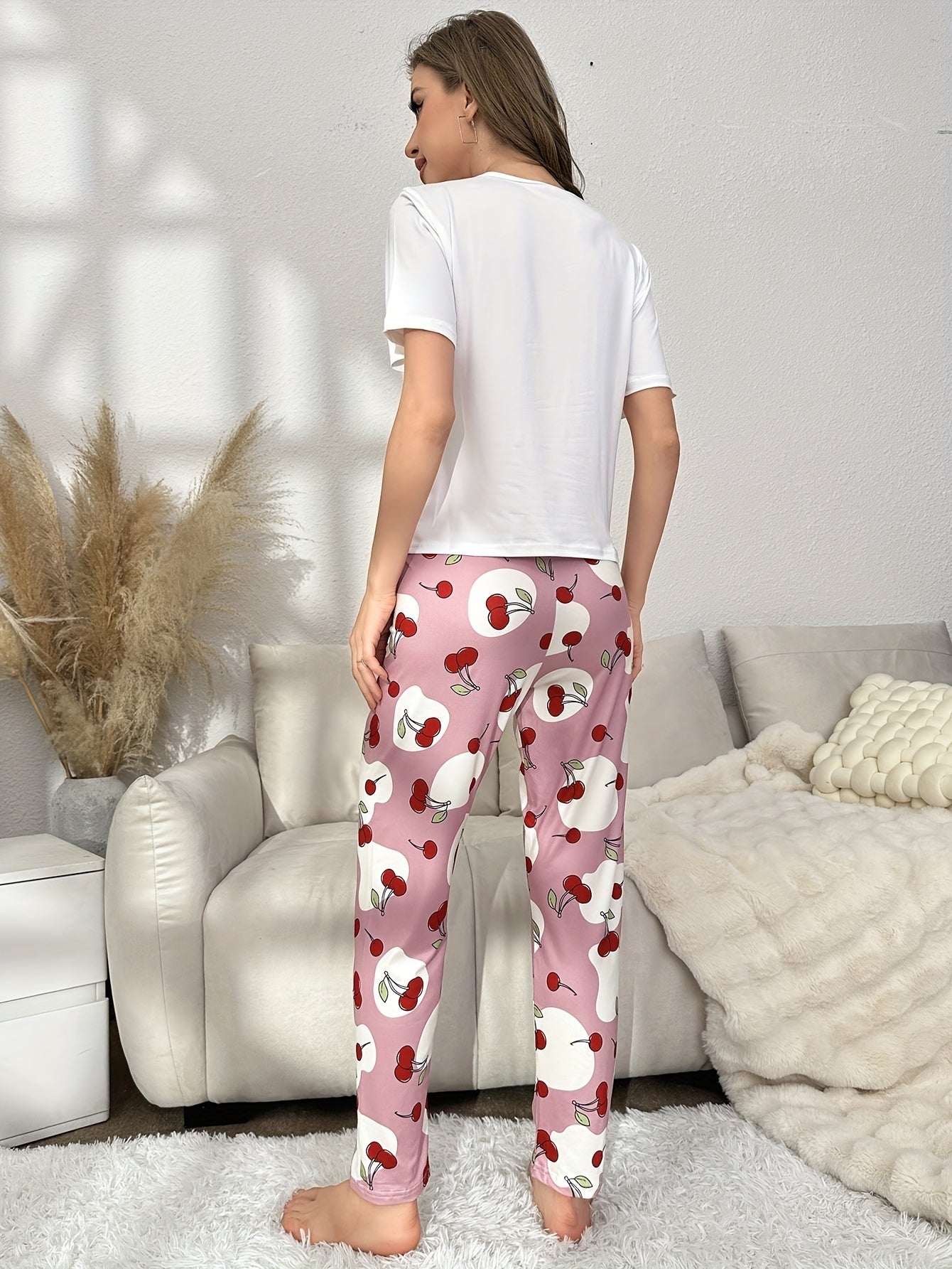 Cherry Print Pajama Set Short Sleeve Crew Neck Top & Elastic Waistband Pants