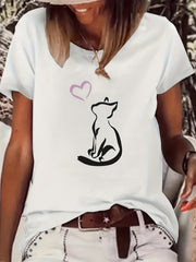 Cat & Heart Print T shirt Casual Short Sleeve Round Neck Women's Tops