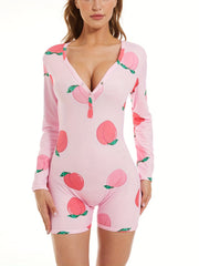 Peach Print Shorts Romper V-Neck Long Sleeve Pajamas