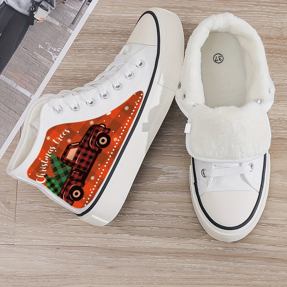 Christmas Truck Print Plush Lined Chunky Canvas Sneakers
