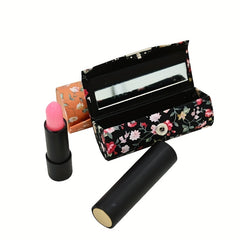 4 Pcs Floral Lipstick Case Holder with Mirror Cosmetic Travel Organizer Bag