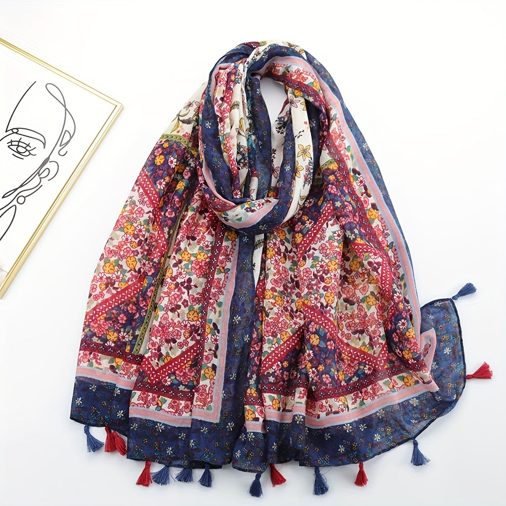 Vintage Floral Paisley Print Scarf Boho Block Tassel Shawl