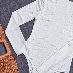 Eyelet Bodysuit Puff Sleeve Slim Fit Mock Neck Bodysuit