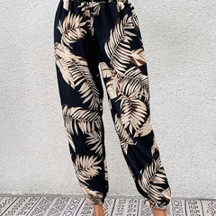 Leaf Print Stirred Waist Pants Boho Jogger Pants For Spring & Summer