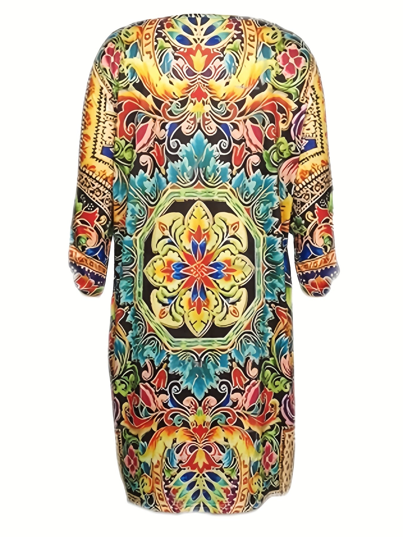 Boho Dress Women's Plus Tribal Print Notched Neck Medium S