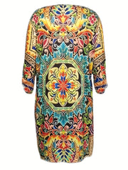 Boho Dress Women's Plus Tribal Print Notched Neck Medium S
