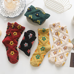 5 Pairs Retro Socks Floral Geometric 3D Textured Women's Stockings