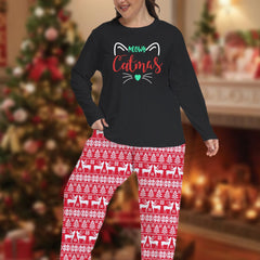 Christmas Pajamas Set Women's Plus Letter Cat & Elk Striped Print