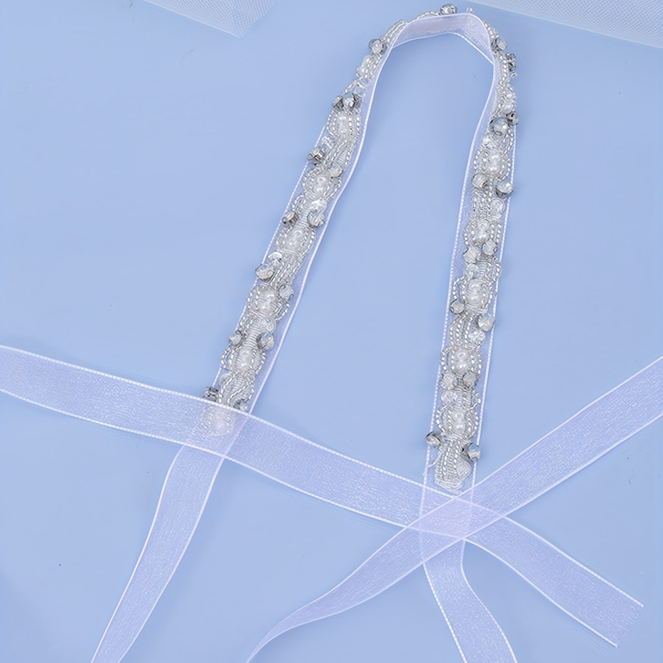 Rhinestone Faux Pearl Headband Crystal Beads Tiara With Ribbon