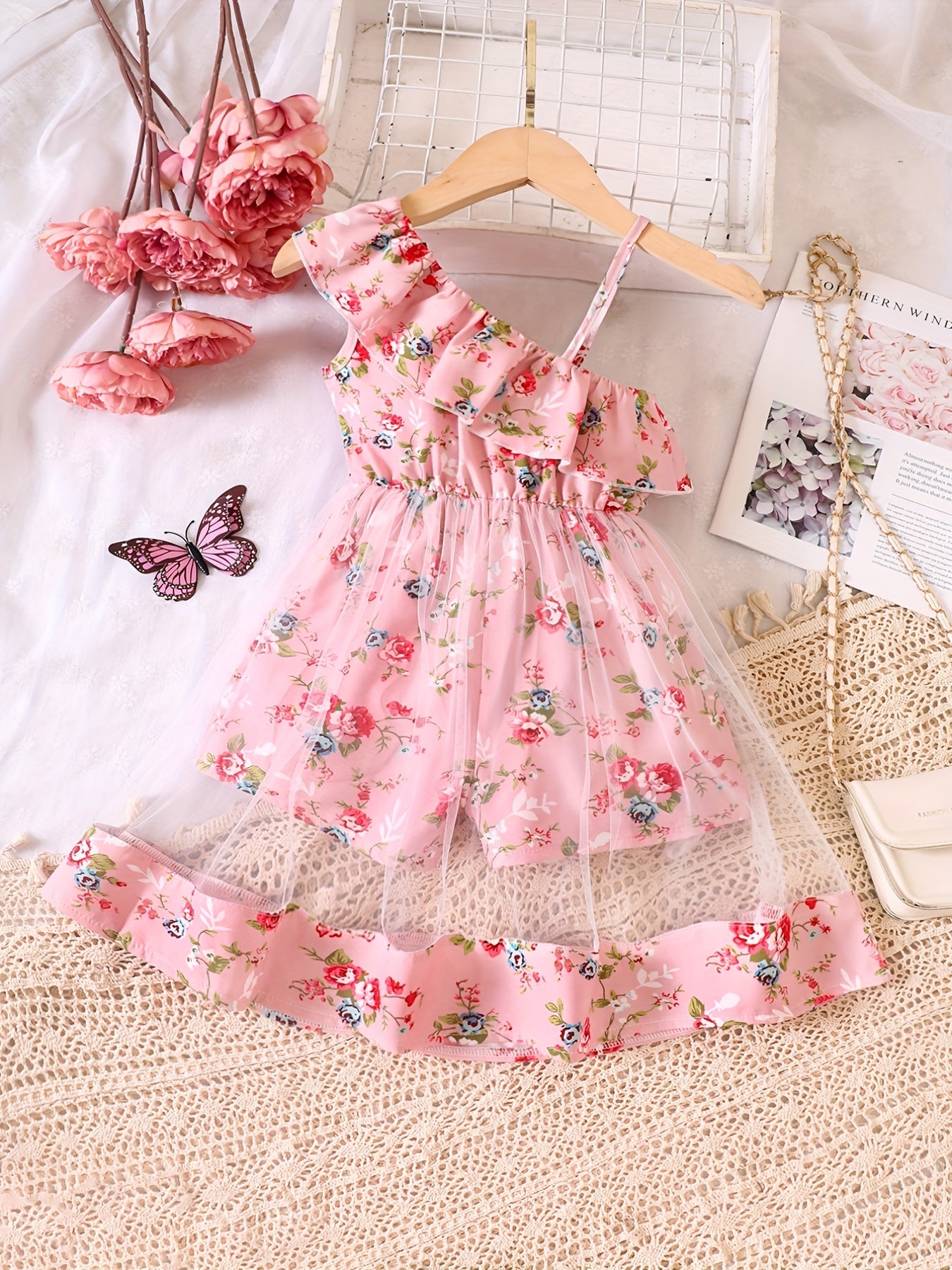 Toddler Girls Ruffle Trim Flowers Graphic Rompers Jumpsuits