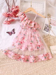 Toddler Girls Ruffle Trim Flowers Graphic Rompers Jumpsuits