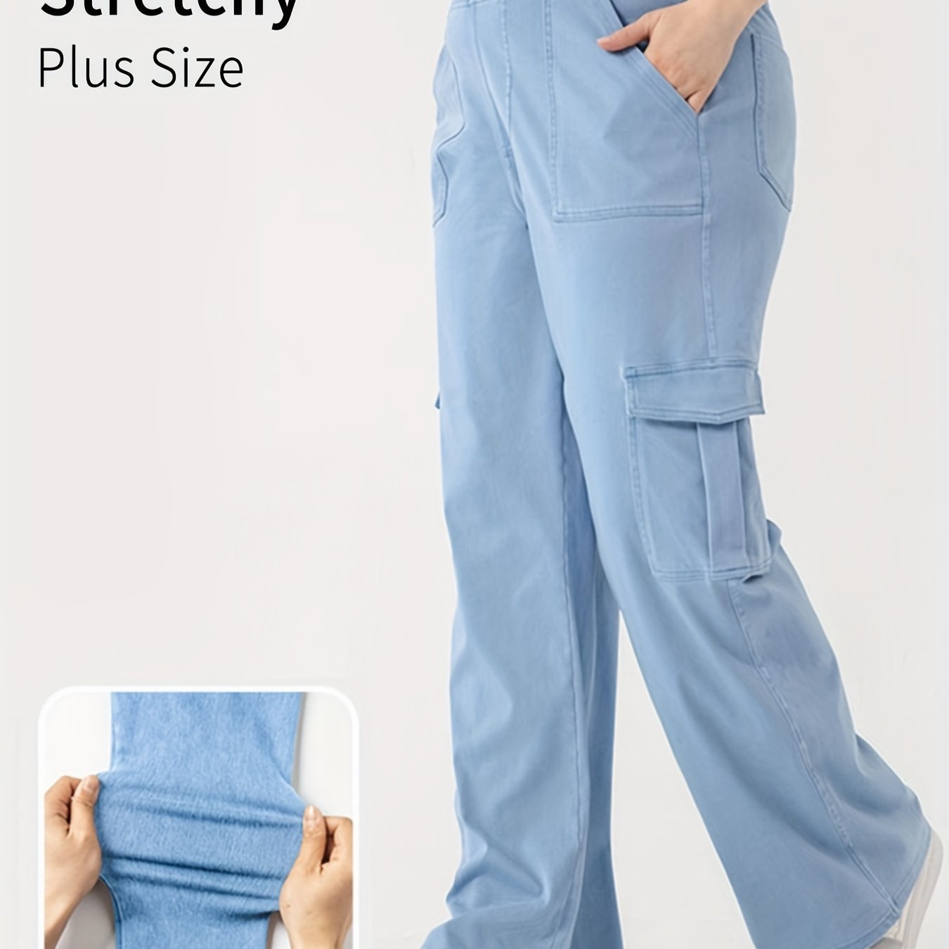 Solid High Stretch Wide Leg Cargo Jeans with Pockets
