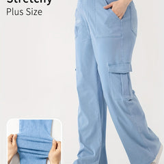 Solid High Stretch Wide Leg Cargo Jeans with Pockets