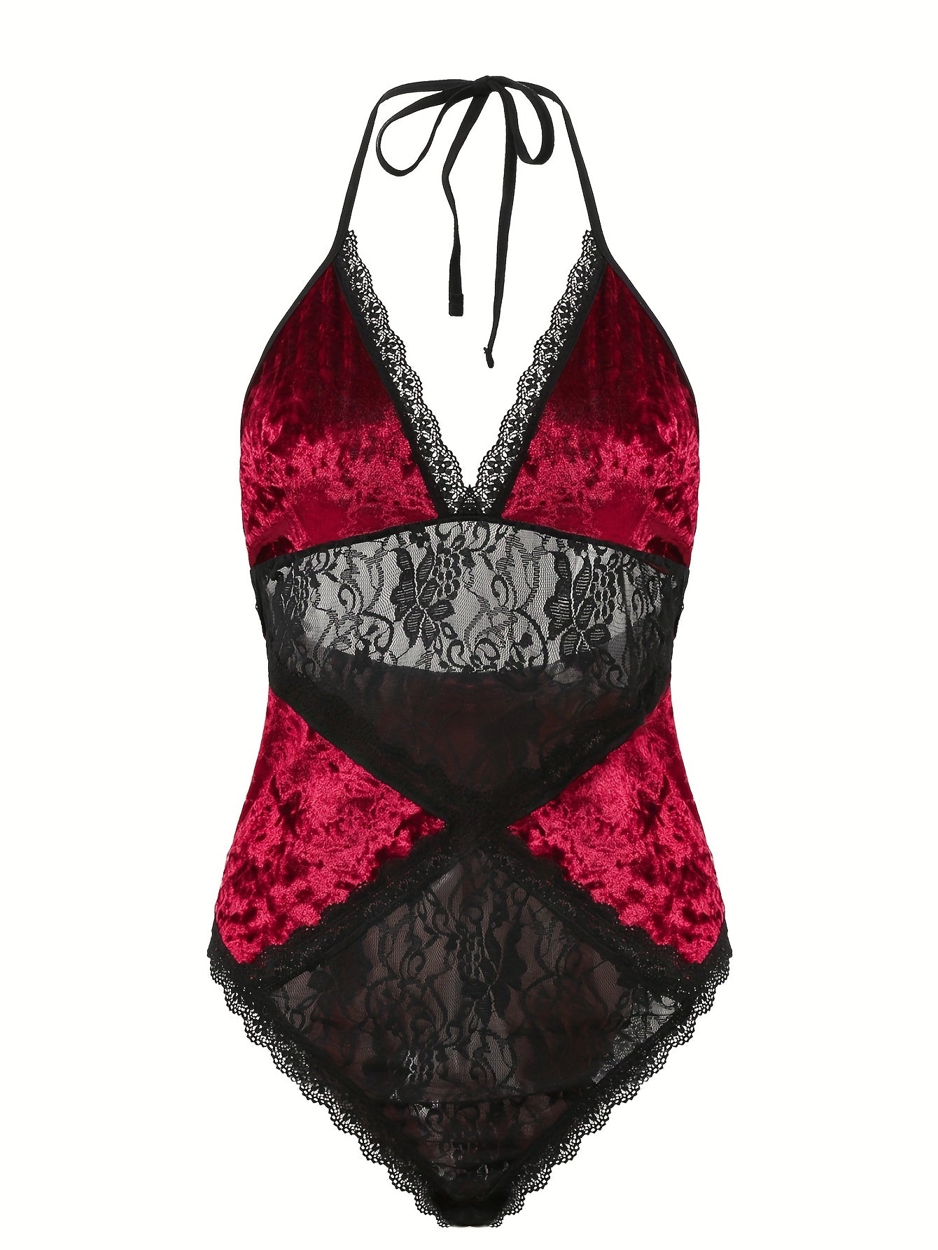 Colorblock Floral Mesh Lace Halter Neck Bodysuit