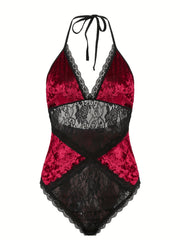Colorblock Floral Mesh Lace Halter Neck Bodysuit