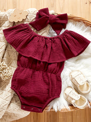 Baby Girls Ruffle Cotton Linen Romper Headband Bodysuit