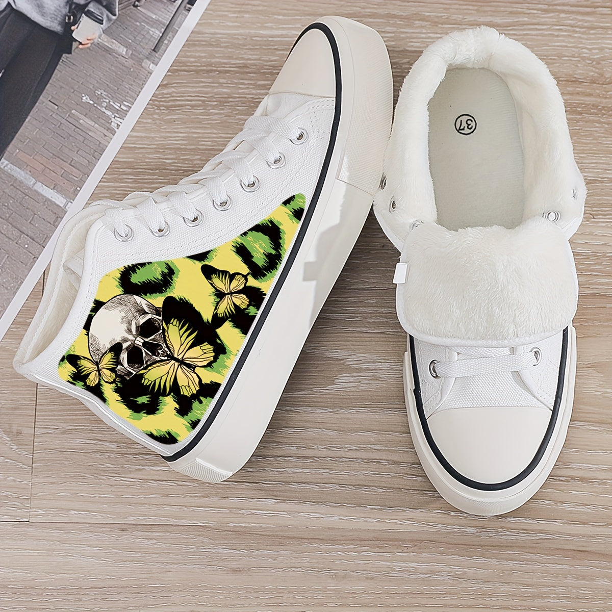 Skull & Butterfly Plush Lined Canvas Sneakers