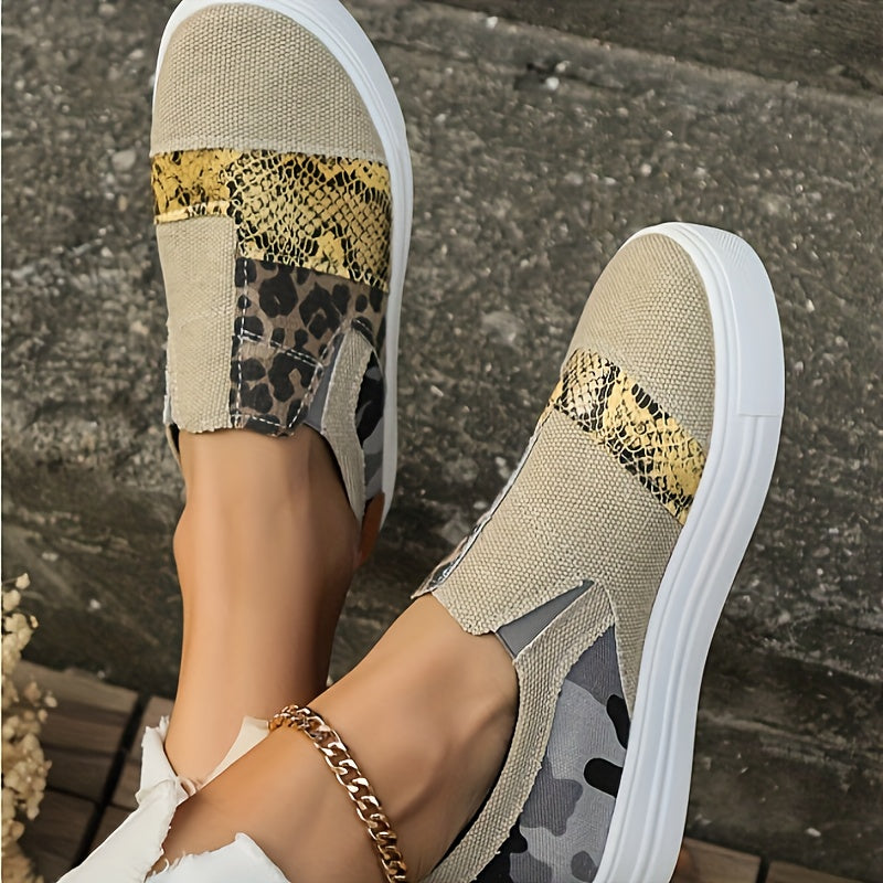 Leopard & Snakeskin Patchwork Canvas Shoes Low Slip Casual Flats