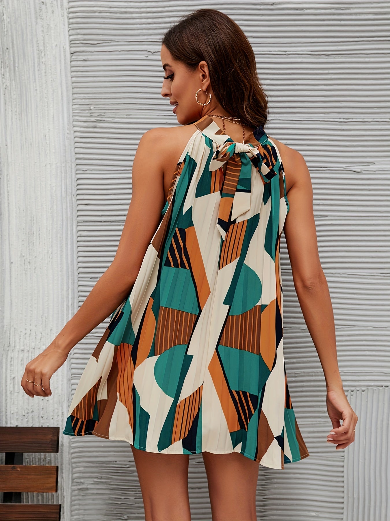 Geo Print Pleated Dress Tie Back Sleeveless Dress Women's Clothing