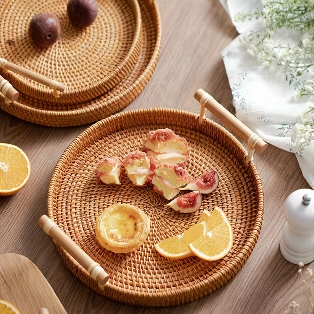 Rustic Hand Woven Rattan Serving Tray with Handles