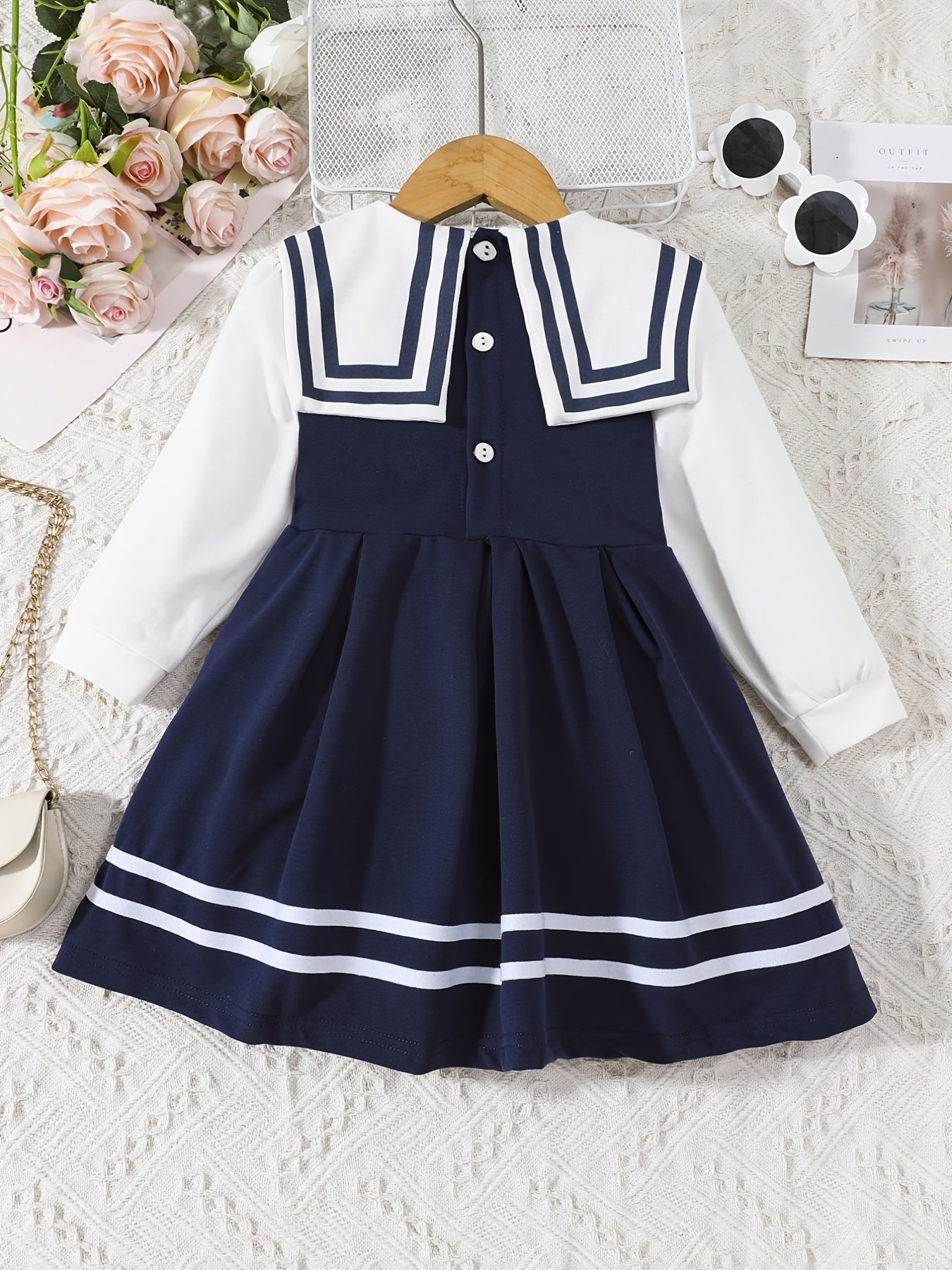 Girls Sailor Collar Princess Dress With Bow - Autumn/Spring