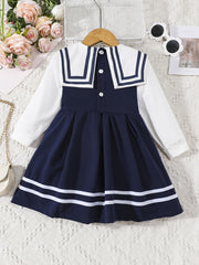 Girls Sailor Collar Princess Dress With Bow - Autumn/Spring
