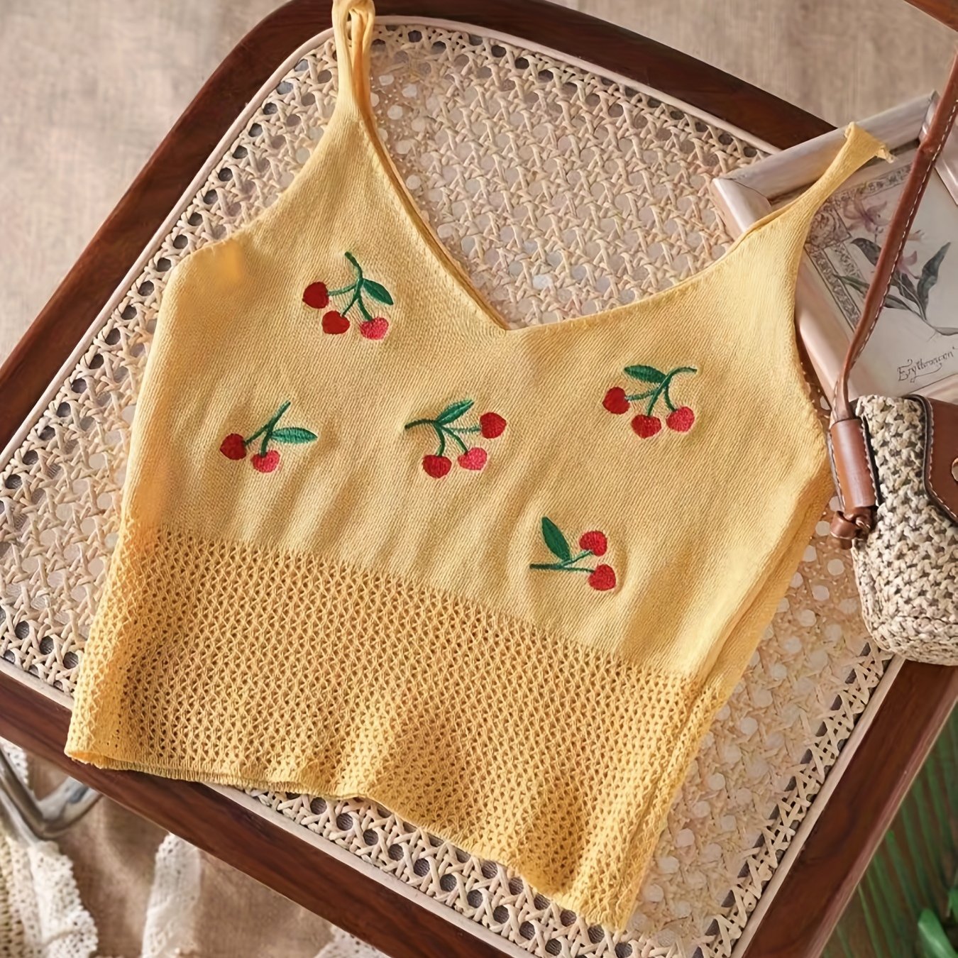Cherry Pattern Embroidered Knit Crop Cami Top Cutout V Neck Summer Sleeveless